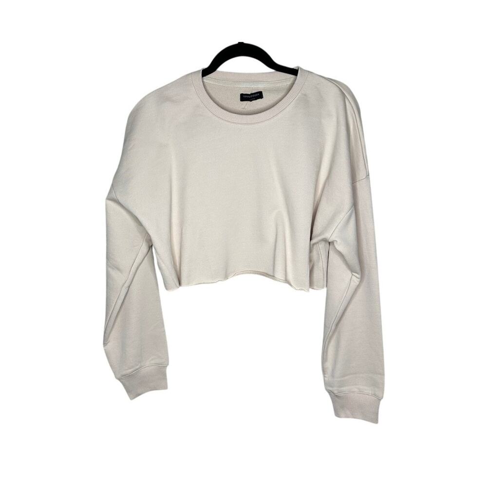 Naked Wardrobe NWT Sand Beige Cropped Sweatshirt L Raw Hem Pullover Neutral $60